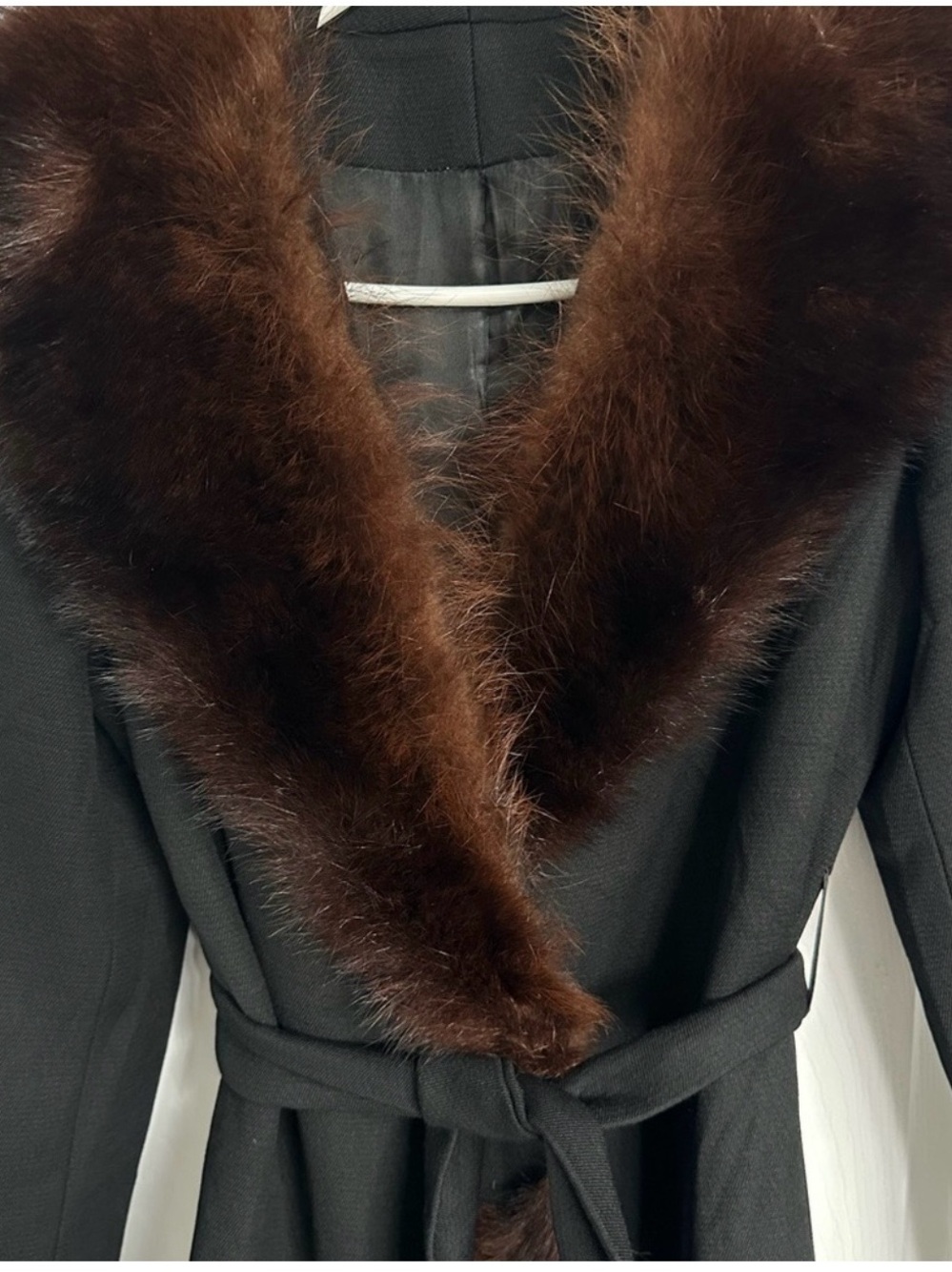 Classic Black Women's Coat with Brown Fur Trim - Picture 2 of 14